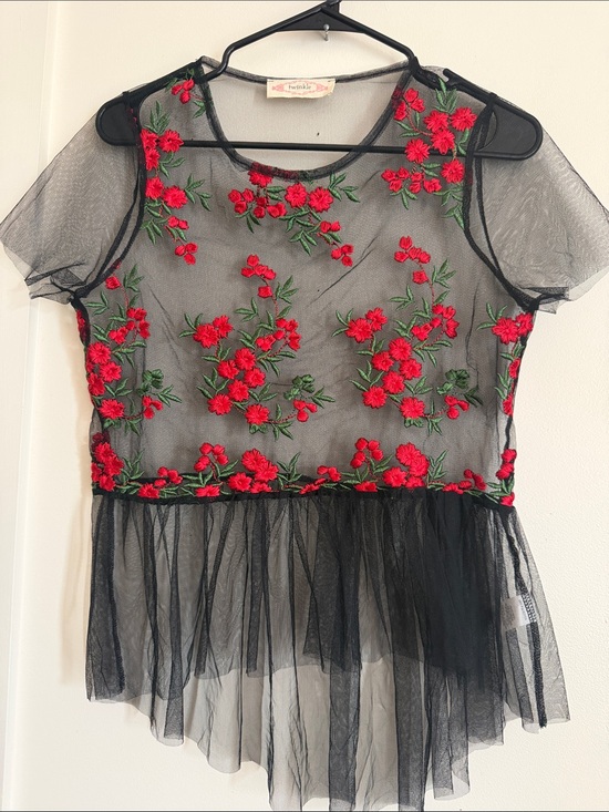 Wink Tops - Wink Black Sheer Tunic with Red Floral Embroidery